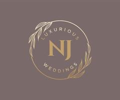 NJ Initials letter Wedding monogram logos template, hand drawn modern minimalistic and floral templates for Invitation cards, Save the Date, elegant identity. vector