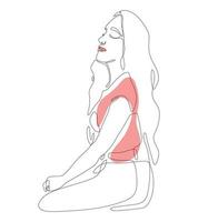 Vector illustration of a young girl with long hair sitting sideview. Trendy line art image with continuous endless line.