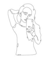 ilustración vectorial aislada en estilo de arte lineal. una chica o una mujer con el pelo largo se está tomando una selfie en el smartphone del espejo. un retrato hecho con una línea negra sin fin. vector