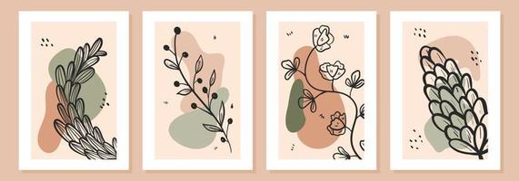 conjunto de carteles de arte vectorial simple en marco blanco. ramas de arte de línea de fideos y ramitas con hojas, capullos de flores y pétalos. formas minimalistas abstractas para diseño, impresión o papel tapiz. vector