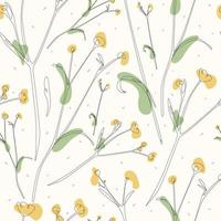 Vector seamless summer pattern. Delicate stems of wildflowers with leaves and yellow buds with petals. Primrose branches with line art strokes.