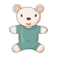 icono de vector de peluche de bebé. lindo oso de peluche sonriente en un mono. una simple pegatina con un trazo.