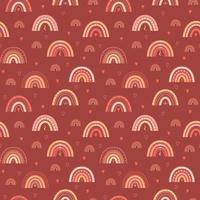 Seamless pattern with boho rainbows, hearts and boho elements. Perfect for packaging paper, home textiles. Vector illustrations on a brown-red background.