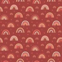 Seamless pattern with boho rainbows, hearts and boho elements. Perfect for packaging paper, home textiles. Vector illustrations on a brown-red background.