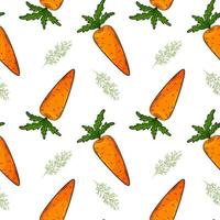 Seamless pattern with carrot and dill. Bright pattern with vegetables. Color elements in the linear style are isolated without a background. For the design of kitchen accessories and food packaging. vector