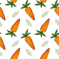 Seamless pattern with carrot and dill. Bright pattern with vegetables. Color elements in the linear style are isolated without a background. For the design of kitchen accessories and food packaging. vector