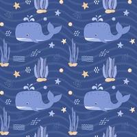 Seamless pattern with whale, starfish and algae. Cute ocean character in the underwater world. For childrens textiles and clothing. Cartoon vector illustrations on a dark blue background.