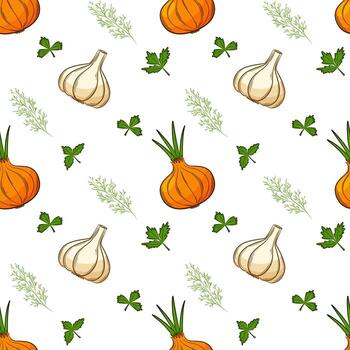 Seamless pattern with onion and garlic, herbs. Bright pattern with vegetables. Color elements in the linear style are isolated without a bg. For the design of kitchen accessories and food packaging vector
