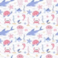 Seamless pattern with shark, turtle, fish, crab and shrimp. Cute cartoon ocean characters. Underwater marine animals, algae and mussels.Vector illustration on a white background with blue wavy stripes vector