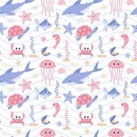 Seamless pattern with shark, turtle, fish, crab and shrimp. Cute cartoon ocean characters. Underwater marine animals, algae and mussels.Vector illustration on a white background with blue wavy stripes vector