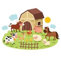 escena de la granja con animales de dibujos animados vector