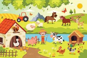 escena de la granja con animales de dibujos animados vector