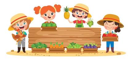 Farm Scene With Cartoon Kids vector