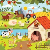 Farm Scene With Cartoon Animals vector