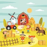 Farm Scene With Cartoon Animals vector