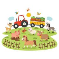 Farm Scene With Cartoon Animals vector