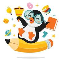 ilustración educativa con pingüino de dibujos animados, regreso a la escuela, escritura, personaje, libro, lectura, escuela, números, alfabeto, niños, niños, aprendizaje, estudiante, educación, animales, animal vector