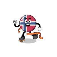 caricatura de mascota de la bandera de noruega corriendo en la línea de meta vector