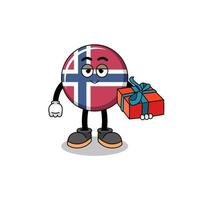 ilustración de la mascota de la bandera de noruega dando un regalo vector