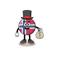 ilustración de la mascota de la bandera de noruega hombre rico que sostiene un saco de dinero vector