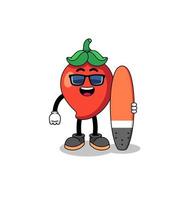 Mascot cartoon of chili pepper as a surfer vector