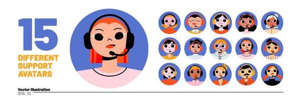 Set of call center operators avatar, round icons vector