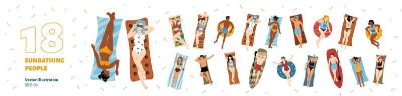 gente tomando el sol tumbada en una toalla, colchoneta, tabla de surf vector
