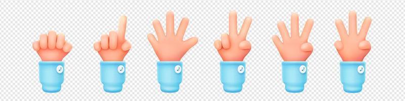 Set of 3D hand showing one to five fingers, fist vector