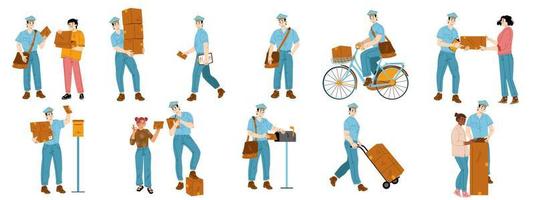 Set of postman characters delivering mail vector