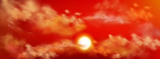 Realistic sunset sky with sun and fluffy clouds vector