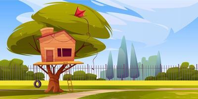 Tree house on fenced green lawn, kid hut in garden vector