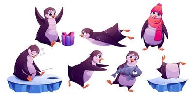 lindo pingüino en diferentes poses en invierno vector