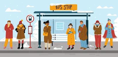 People in warm clothes on bus stop in winter vector