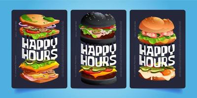 Cartoon set of happy hours promo flyer templates vector