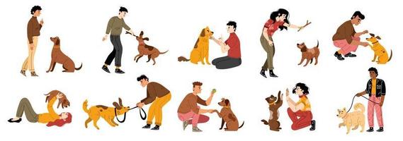People training dogs, hug and play with puppies vector