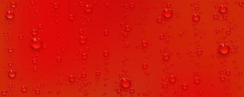 Water drops on red background, realistic bubbles vector