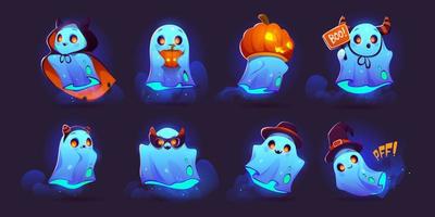 Cartoon set of Halloween ghosts on dark background vector