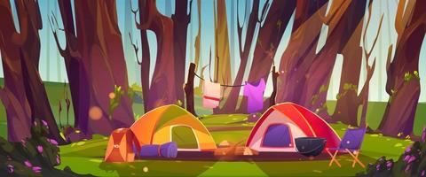 Camping tents with campfire and tourist stuff vector