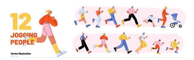 Set of people jogging, adults and children run vector