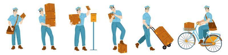 Postman, mailman character with bag and boxes vector