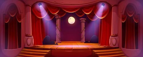 Theater stage with red curtains, lights and moon vector