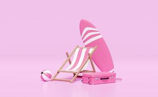 summer travel with suitcase, beach chair, ball, surfboard isolated on pink background. concept 3d illustration, 3d render photo