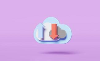 cloud folder with arrow isolated on purple background. cloud storage download, upload, data transfering, datacenter connection network concept, 3d illustration, 3d render photo