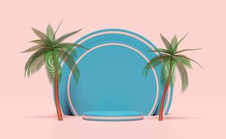 blue cylinder stage podium empty with coconut palm tree isolated on pink. modern stage display, minimalist mockup, abstract showcase background. Concept 3d illustration, 3d render photo