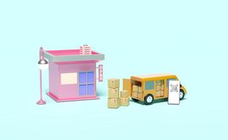 3d delivery van with store front, mobile phone, smartphone, qr code scanning, goods cardboard box isolated on blue background. service, transportation, shipping concept, 3d render illustration photo
