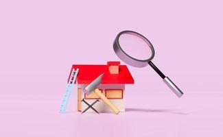 red house toy with hammer, nail, ladder, stairs, magnifying glass isolated on pink background. repair maintenance search data concept, 3d illustration, 3d render photo