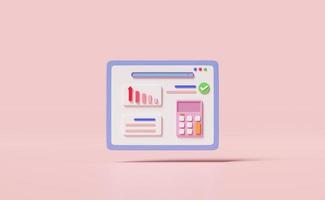 3d financial report charts and graph on screen with search bar, calculator isolated on pink background. Online marketing, business strategy, data analysis, concept, 3d render illustration photo