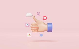 Iconos de redes sociales 3d con pulgares hacia arriba aislados en fondo rosa. social en línea como, concepto de aplicaciones de comunicación, ilustración de presentación 3d foto