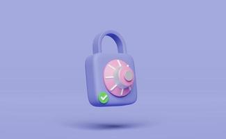 3d padlock, key icon with password insecure isolated on purple background. security data protection, minimal concept, 3d render illustration photo