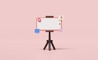 3D social media with mobile phone, smartphone, tripod icons isolated on pink background. online video live streaming, communication applications, notification message concept, 3d render illustration photo